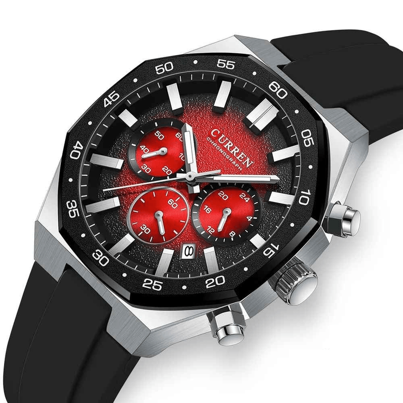 Fashion, accesorii si bijuterii - Barbati - Bijuterii barbati - Ceasuri barbati - Ceas barbatesc Curren 8489 cronograf negru-rosu cu curea din silicon si afisare data - Infinity.ro