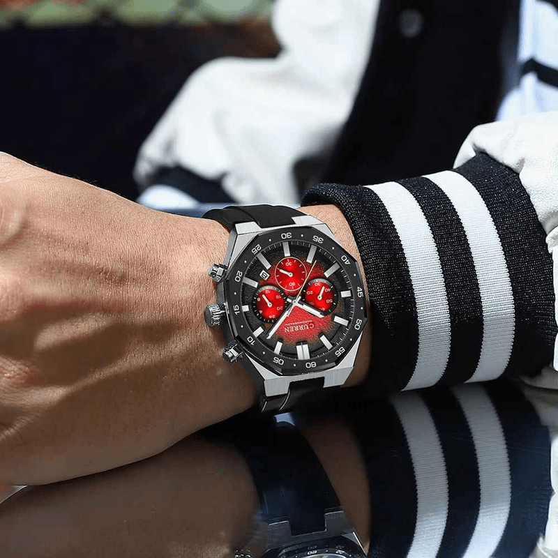 Fashion, accesorii si bijuterii - Barbati - Bijuterii barbati - Ceasuri barbati - Ceas barbatesc Curren 8489 cronograf negru-rosu cu curea din silicon si afisare data - Infinity.ro