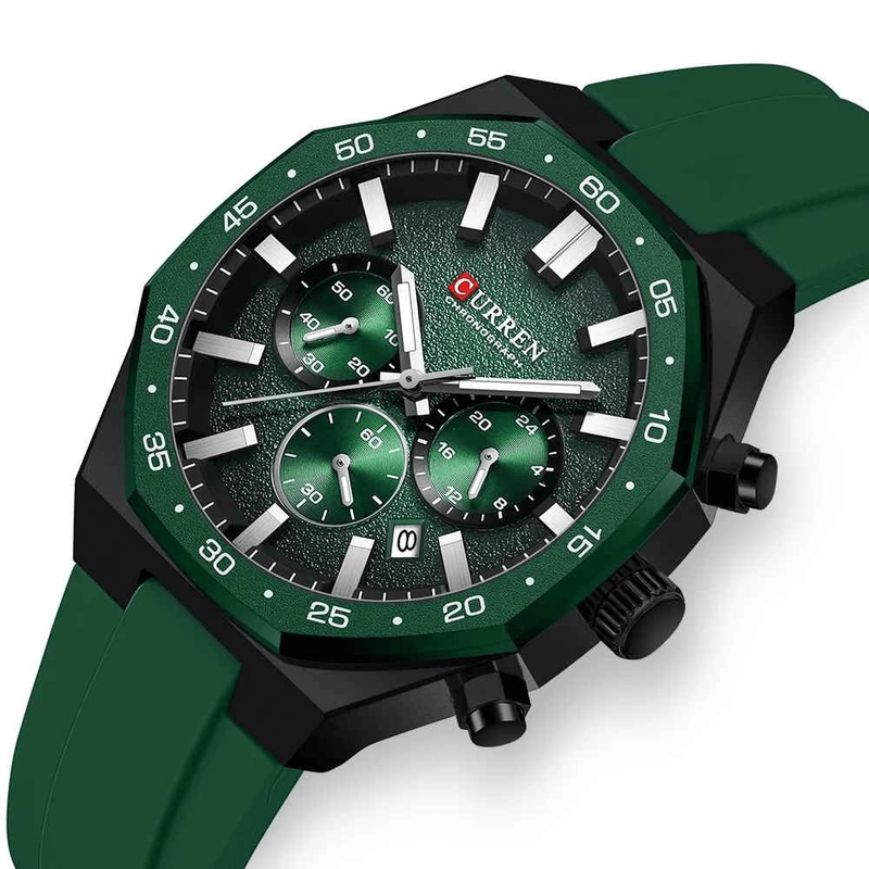 Fashion, accesorii si bijuterii - Barbati - Bijuterii barbati - Ceasuri barbati - Ceas barbatesc Curren 8489 verde inchis cu cronograf, curea din silicon si afisare data - Infinity.ro