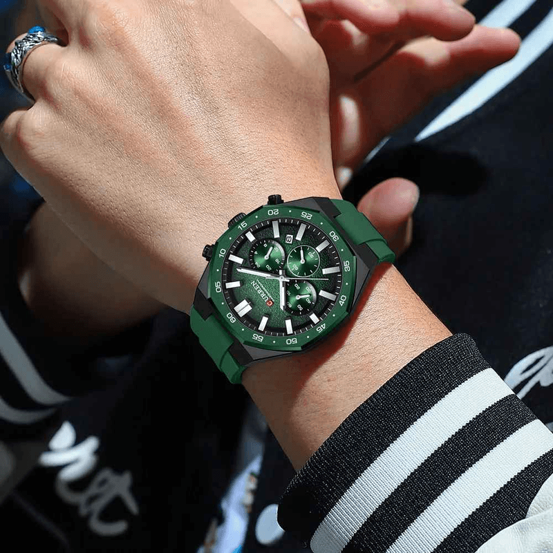 Fashion, accesorii si bijuterii - Barbati - Bijuterii barbati - Ceasuri barbati - Ceas barbatesc Curren 8489 verde inchis cu cronograf, curea din silicon si afisare data - Infinity.ro