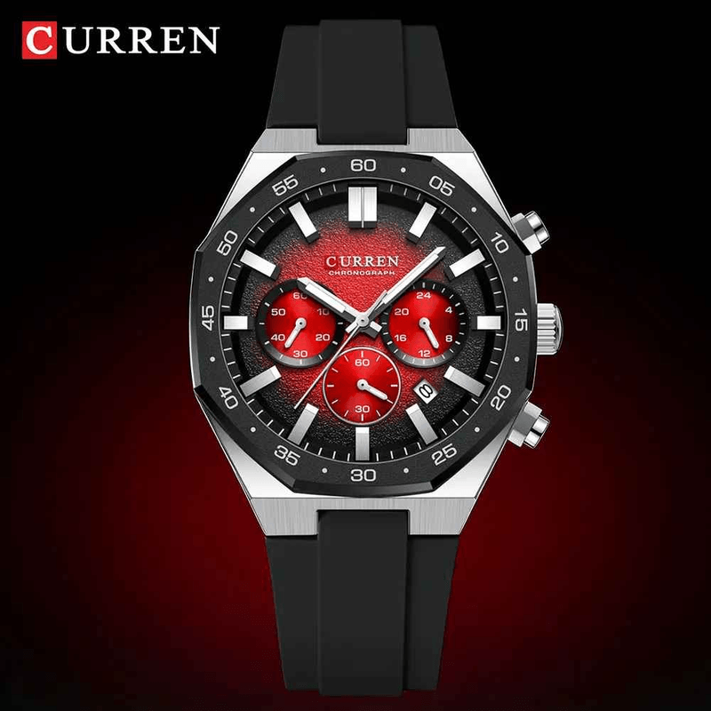 Fashion, accesorii si bijuterii - Barbati - Bijuterii barbati - Ceasuri barbati - Ceas barbatesc Curren 8489 cronograf negru-rosu cu curea din silicon si afisare data - Infinity.ro