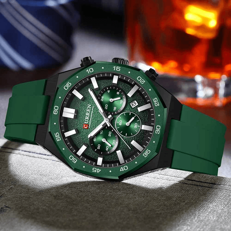 Fashion, accesorii si bijuterii - Barbati - Bijuterii barbati - Ceasuri barbati - Ceas barbatesc Curren 8489 verde inchis cu cronograf, curea din silicon si afisare data - Infinity.ro