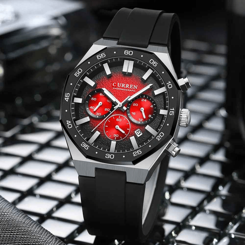 Fashion, accesorii si bijuterii - Barbati - Bijuterii barbati - Ceasuri barbati - Ceas barbatesc Curren 8489 cronograf negru-rosu cu curea din silicon si afisare data - Infinity.ro