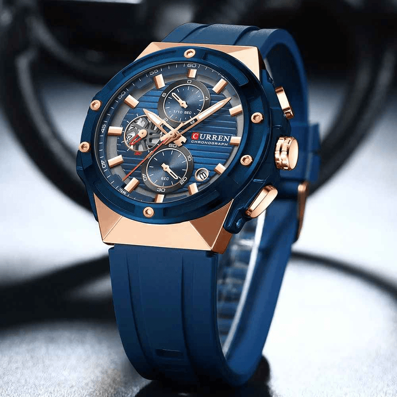 Fashion, accesorii si bijuterii - Barbati - Bijuterii barbati - Ceasuri barbati - Ceas Barbati Curren 8462 Albastru cu Accente Rose Gold, Cronograf Quartz, Curea Silicon, 3ATM - Infinity.ro
