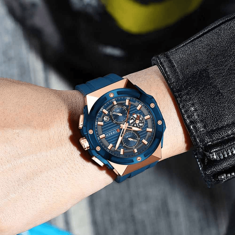 Fashion, accesorii si bijuterii - Barbati - Bijuterii barbati - Ceasuri barbati - Ceas Barbati Curren 8462 Albastru cu Accente Rose Gold, Cronograf Quartz, Curea Silicon, 3ATM - Infinity.ro