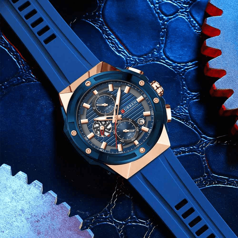 Fashion, accesorii si bijuterii - Barbati - Bijuterii barbati - Ceasuri barbati - Ceas Barbati Curren 8462 Albastru cu Accente Rose Gold, Cronograf Quartz, Curea Silicon, 3ATM - Infinity.ro
