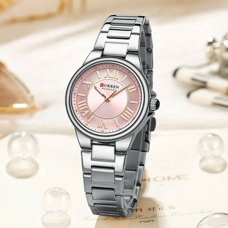 Fashion, accesorii si bijuterii - Femei - Bijuterii femei - Ceasuri femei - Ceas dama Curren C9061L argintiu cu cadran roz, cifre romane si bratara din otel inoxidabil - Infinity.ro