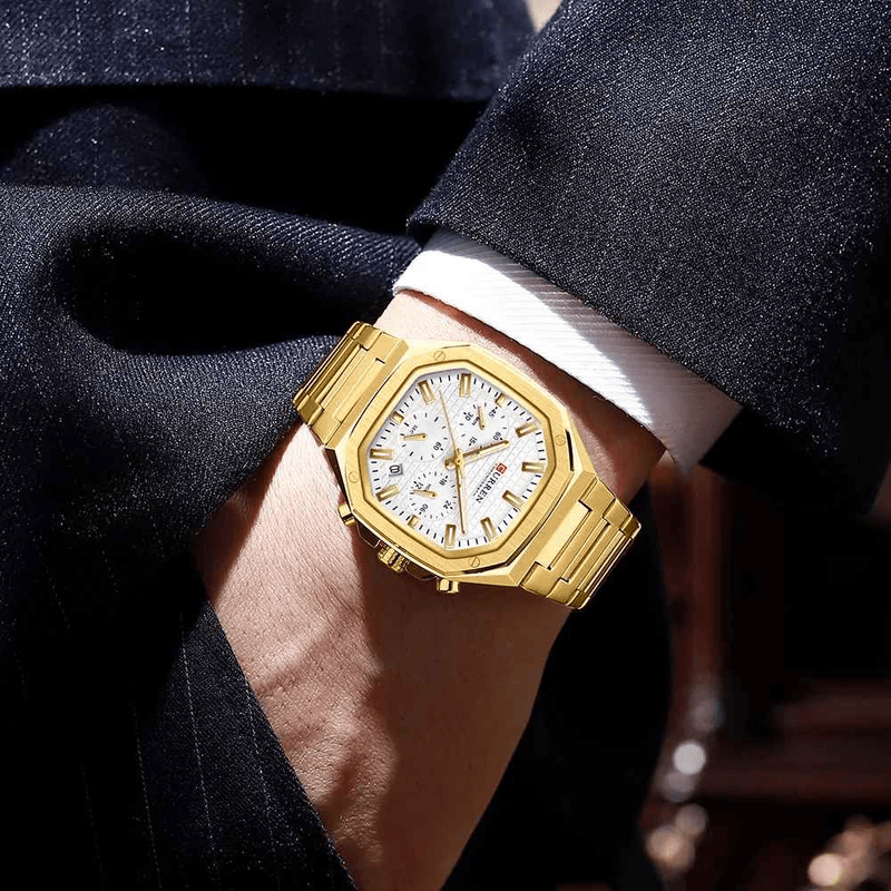 Fashion, accesorii si bijuterii - Barbati - Bijuterii barbati - Ceasuri barbati - Ceas barbatesc Curren 8459 auriu cu cronograf, cadran alb texturat si bratara metalica - Infinity.ro