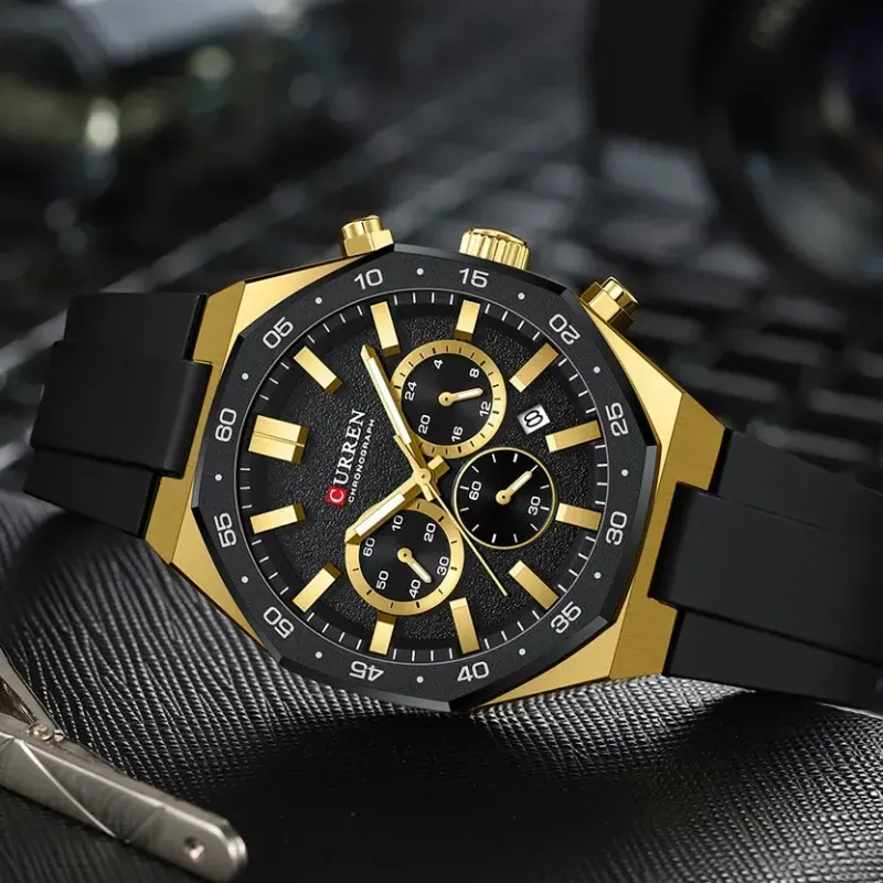Fashion, accesorii si bijuterii - Barbati - Bijuterii barbati - Ceasuri barbati - Ceas barbatesc Curren 8489 negru-auriu cu cronograf, curea din silicon si afisare data - Infinity.ro