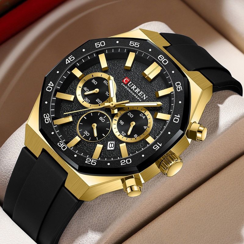 Fashion, accesorii si bijuterii - Barbati - Bijuterii barbati - Ceasuri barbati - Ceas barbatesc Curren 8489 negru-auriu cu cronograf, curea din silicon si afisare data - Infinity.ro