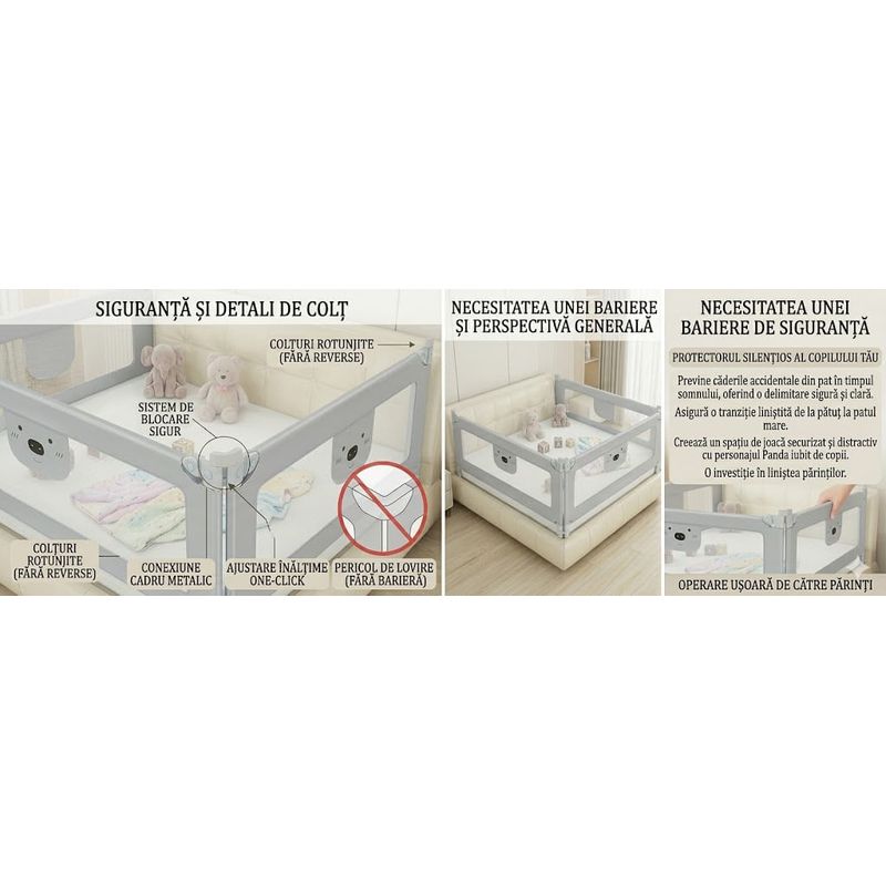 Casa si Gradina - Mobilier - Mobilier copii - Sisteme de siguranta - Set 3 Bariere Siguranta Pat Gri 2x200cm + 1x140cm, Inaltime Reglabila 68-98cm - Infinity.ro