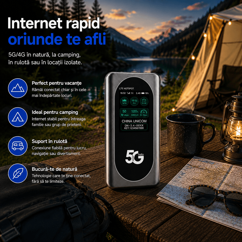 PC, gaming si accesorii - Retelistica - Wireless - Routere Wireless - Router Portabil 5G ambrasmart Dual-Band Wi-Fi 600 Mbps, SIM, VPN, Baterie 4400 mAh, Gri - Infinity.ro