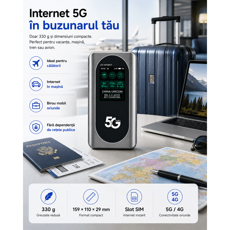 PC, gaming si accesorii - Retelistica - Wireless - Routere Wireless - Router Portabil 5G ambrasmart Dual-Band Wi-Fi 600 Mbps, SIM, VPN, Baterie 4400 mAh, Gri - Infinity.ro