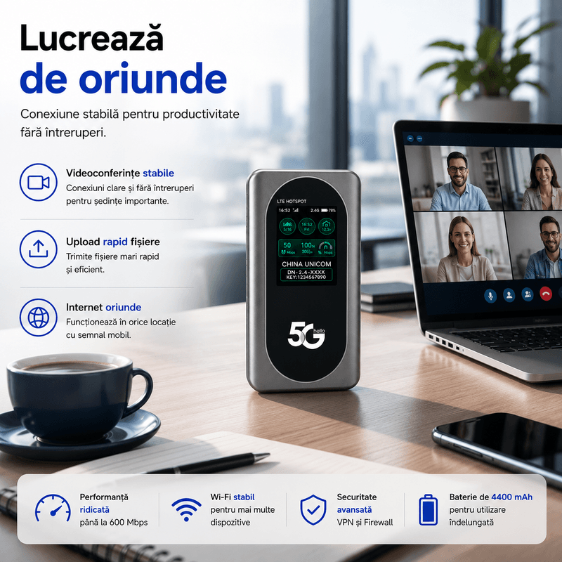 PC, gaming si accesorii - Retelistica - Wireless - Routere Wireless - Router Portabil 5G ambrasmart Dual-Band Wi-Fi 600 Mbps, SIM, VPN, Baterie 4400 mAh, Gri - Infinity.ro
