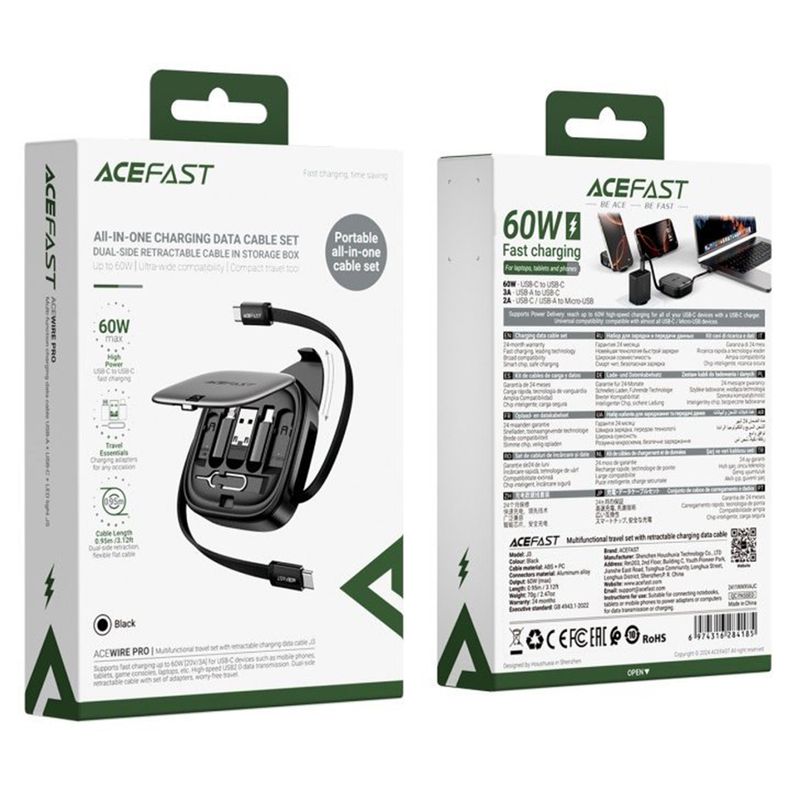Laptop, Telefoane si Tablete - Telefoane mobile si accesorii - Accesorii Telefoane - Cabluri si adaptoare telefoane - Acefast - Data Cable (J3) - Travel Set with Retractable Cable 2x USB-C, USB, Lightning, Micro-USB, TF, 60W, 3A, 0.95m - Black - Infinity.ro