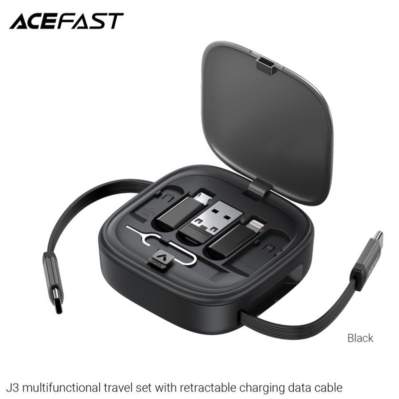 Laptop, Telefoane si Tablete - Telefoane mobile si accesorii - Accesorii Telefoane - Cabluri si adaptoare telefoane - Acefast - Data Cable (J3) - Travel Set with Retractable Cable 2x USB-C, USB, Lightning, Micro-USB, TF, 60W, 3A, 0.95m - Black - Infinity.ro