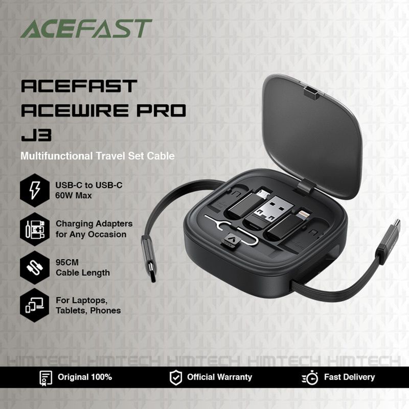 Laptop, Telefoane si Tablete - Telefoane mobile si accesorii - Accesorii Telefoane - Cabluri si adaptoare telefoane - Acefast - Data Cable (J3) - Travel Set with Retractable Cable 2x USB-C, USB, Lightning, Micro-USB, TF, 60W, 3A, 0.95m - Black - Infinity.ro