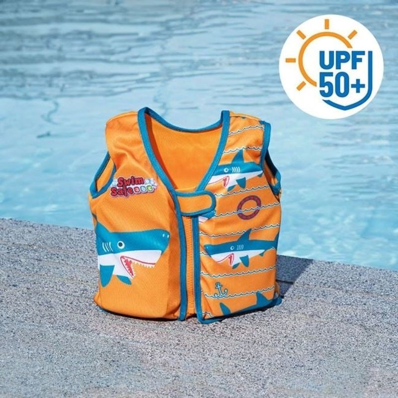 Jucarii, Copii si Bebe - Jucarii si jocuri - Jucarii de exterior - Colaci, ochelari si accesorii inot copii - Vesta Inot pentru copii 1-3 Ani/11-19kg, Bestway, cu Model Rechini, din Spuma, cu protectie solara, Portocaliu - Infinity.ro