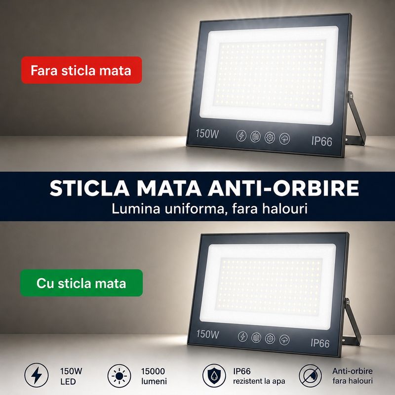 Casa si Gradina - Corpuri si surse de iluminat - Iluminat comercial si industrial - Proiectoare si lampi de lucru - Proiector cu LED-uri de 150W, 15000LM, pentru exterior sau interior, IP66, din sticla mata anti-orbire - Infinity.ro