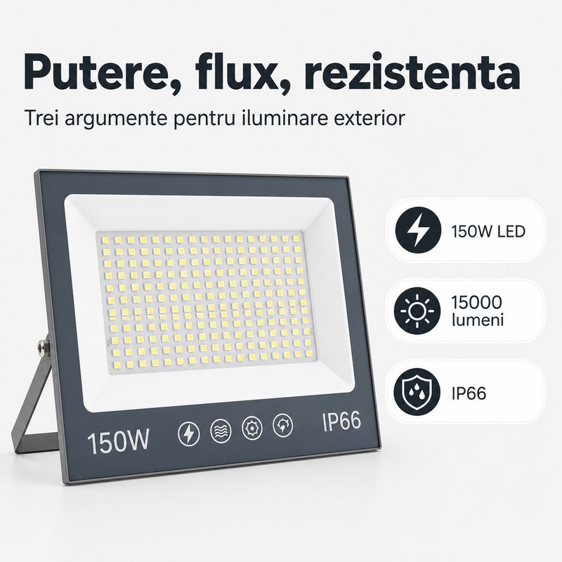 Casa si Gradina - Corpuri si surse de iluminat - Iluminat comercial si industrial - Proiectoare si lampi de lucru - Proiector cu LED-uri de 150W, 15000LM, pentru exterior sau interior, IP66, din sticla mata anti-orbire - Infinity.ro