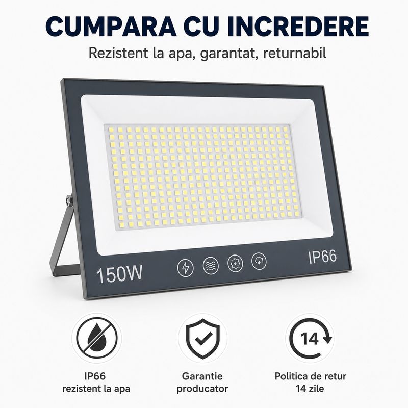 Casa si Gradina - Corpuri si surse de iluminat - Iluminat comercial si industrial - Proiectoare si lampi de lucru - Proiector cu LED-uri de 150W, 15000LM, pentru exterior sau interior, IP66, din sticla mata anti-orbire - Infinity.ro