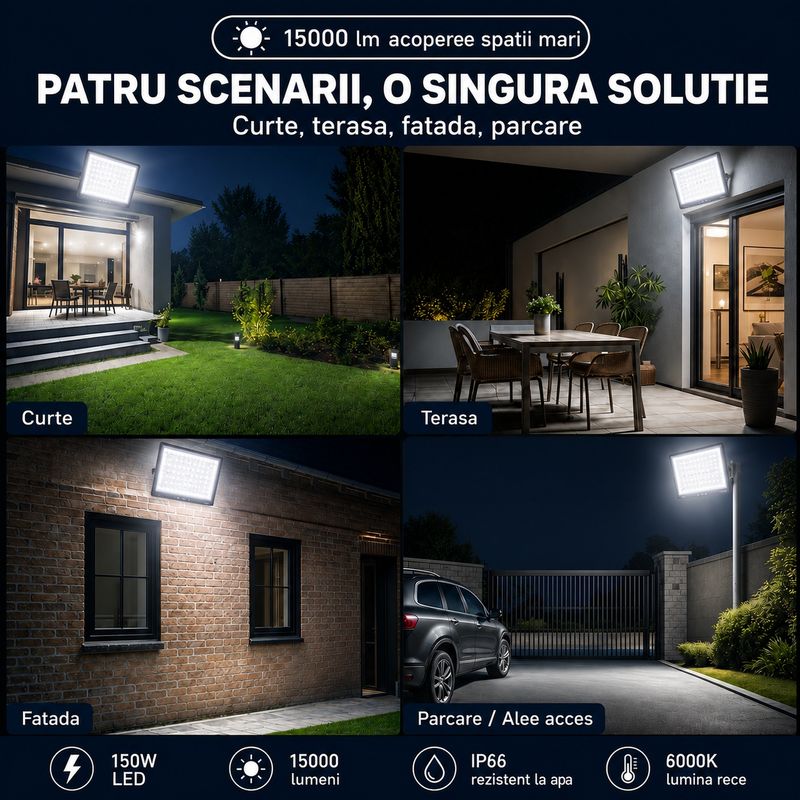 Casa si Gradina - Corpuri si surse de iluminat - Iluminat comercial si industrial - Proiectoare si lampi de lucru - Proiector cu LED-uri de 150W, 15000LM, pentru exterior sau interior, IP66, din sticla mata anti-orbire - Infinity.ro