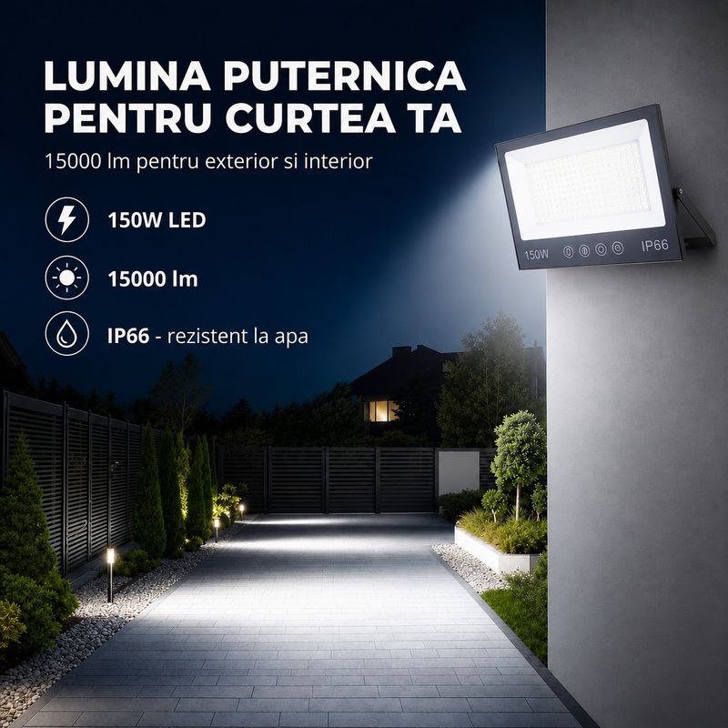 Casa si Gradina - Corpuri si surse de iluminat - Iluminat comercial si industrial - Proiectoare si lampi de lucru - Proiector cu LED-uri de 150W, 15000LM, pentru exterior sau interior, IP66, din sticla mata anti-orbire - Infinity.ro
