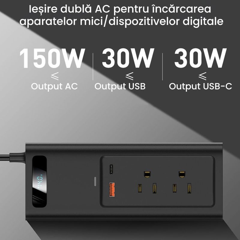 Auto si Moto - Reparatii si depanare - Invertoare auto - Invertor auto/Incarcator pentru masina, GlowforHome, 1 Port USB A, 1 Port Type-C, USB, 220V, AC, 12V, Negru - Infinity.ro