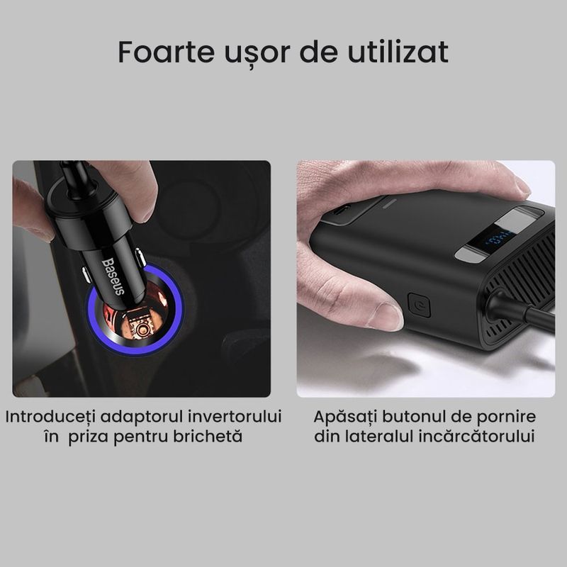 Auto si Moto - Reparatii si depanare - Invertoare auto - Invertor auto/Incarcator pentru masina, GlowforHome, 1 Port USB A, 1 Port Type-C, USB, 220V, AC, 12V, Negru - Infinity.ro