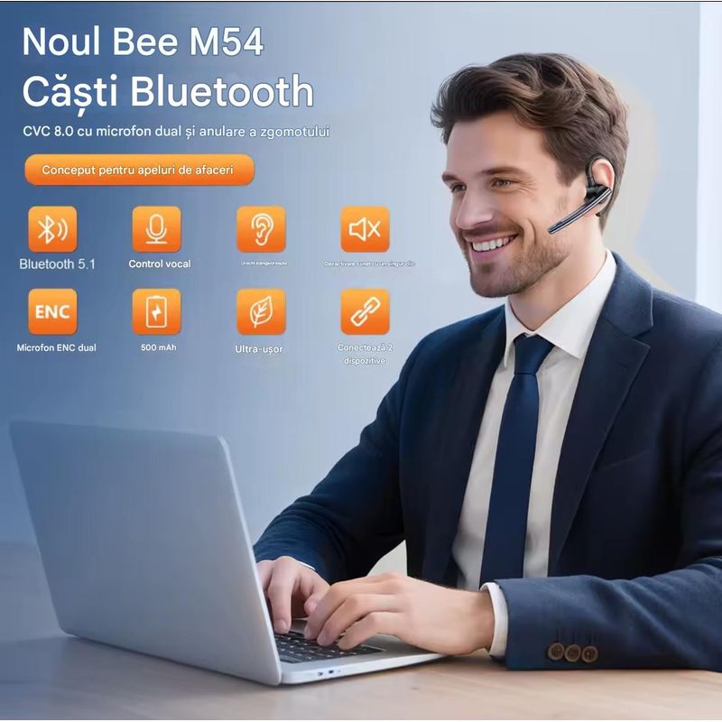 TV, Audio-Video si Foto - Portabile audio - Casti audio - Casca Bluetooth New Bee M54, Autonomie 60 ore, Anulare zgomot, Multipoint, Albastru - Infinity.ro