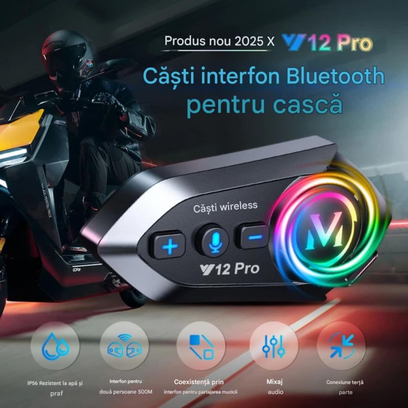 TV, Audio-Video si Foto - Portabile audio - Casti audio - Casca Bluetooth Moto CerCip Y12 Pro, Intercom pentru 2 persoane, Autonomie 20 ore, Rezistenta la apa, Anulare zgomot - Infinity.ro