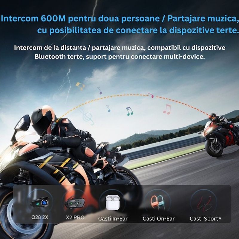 TV, Audio-Video si Foto - Portabile audio - Casti audio - Casca Bluetooth Moto CerCip Y12 Pro, Intercom pentru 2 persoane, Autonomie 20 ore, Rezistenta la apa, Anulare zgomot - Infinity.ro