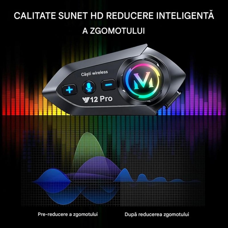 TV, Audio-Video si Foto - Portabile audio - Casti audio - Casca Bluetooth Moto CerCip Y12 Pro, Intercom pentru 2 persoane, Autonomie 20 ore, Rezistenta la apa, Anulare zgomot - Infinity.ro