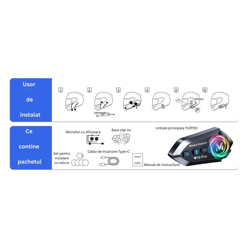 TV, Audio-Video si Foto - Portabile audio - Casti audio - Casca Bluetooth Moto CerCip Y12 Pro, Intercom pentru 2 persoane, Autonomie 20 ore, Rezistenta la apa, Anulare zgomot - Infinity.ro
