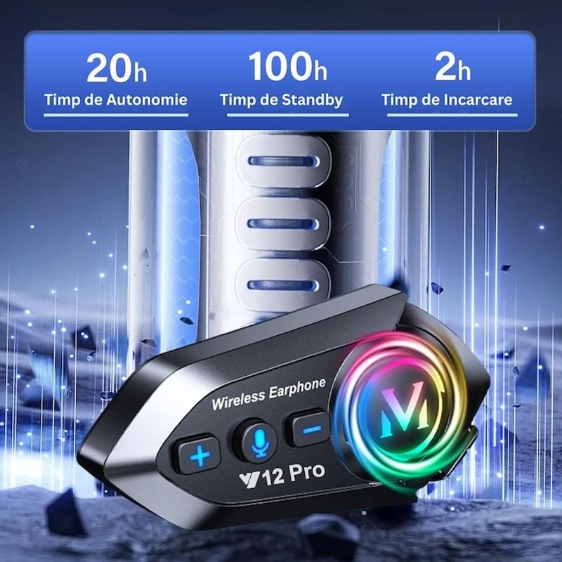 TV, Audio-Video si Foto - Portabile audio - Casti audio - Casca Bluetooth Moto CerCip Y12 Pro, Intercom pentru 2 persoane, Autonomie 20 ore, Rezistenta la apa, Anulare zgomot - Infinity.ro