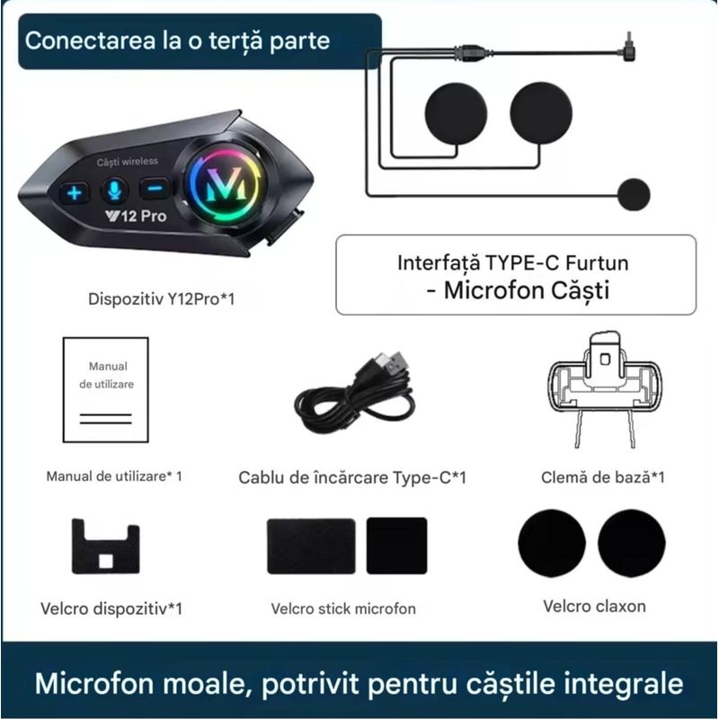 TV, Audio-Video si Foto - Portabile audio - Casti audio - Casca Bluetooth Moto CerCip Y12 Pro, Intercom pentru 2 persoane, Autonomie 20 ore, Rezistenta la apa, Anulare zgomot - Infinity.ro