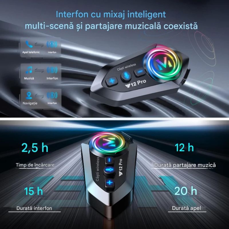 TV, Audio-Video si Foto - Portabile audio - Casti audio - Casca Bluetooth Moto CerCip Y12 Pro, Intercom pentru 2 persoane, Autonomie 20 ore, Rezistenta la apa, Anulare zgomot - Infinity.ro