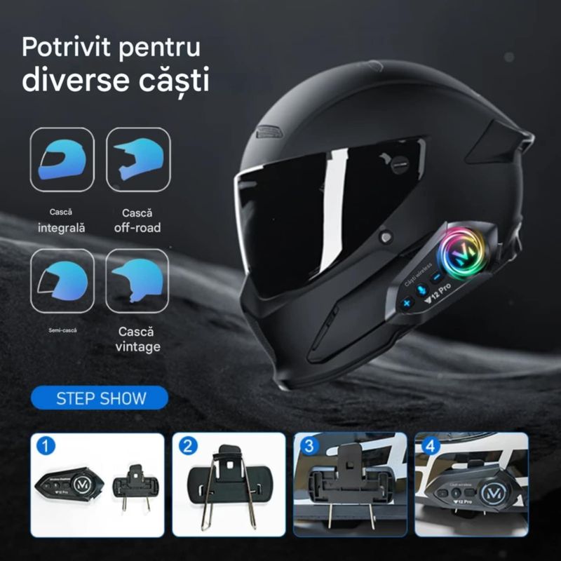 TV, Audio-Video si Foto - Portabile audio - Casti audio - Casca Bluetooth Moto CerCip Y12 Pro, Intercom pentru 2 persoane, Autonomie 20 ore, Rezistenta la apa, Anulare zgomot - Infinity.ro