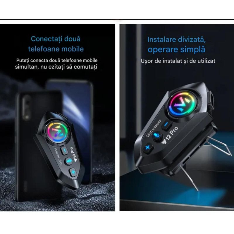 TV, Audio-Video si Foto - Portabile audio - Casti audio - Casca Bluetooth Moto CerCip Y12 Pro, Intercom pentru 2 persoane, Autonomie 20 ore, Rezistenta la apa, Anulare zgomot - Infinity.ro