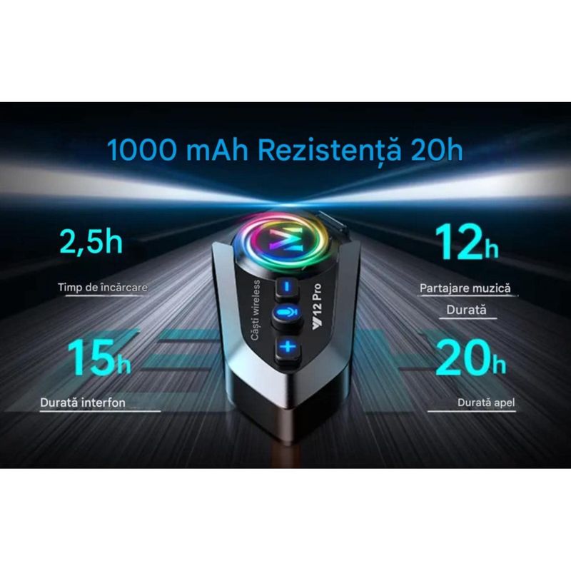 TV, Audio-Video si Foto - Portabile audio - Casti audio - Casca Bluetooth Moto CerCip Y12 Pro, Intercom pentru 2 persoane, Autonomie 20 ore, Rezistenta la apa, Anulare zgomot - Infinity.ro