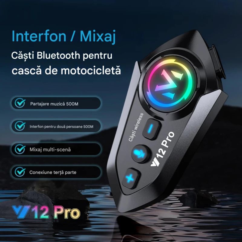 TV, Audio-Video si Foto - Portabile audio - Casti audio - Casca Bluetooth Moto CerCip Y12 Pro, Intercom pentru 2 persoane, Autonomie 20 ore, Rezistenta la apa, Anulare zgomot - Infinity.ro