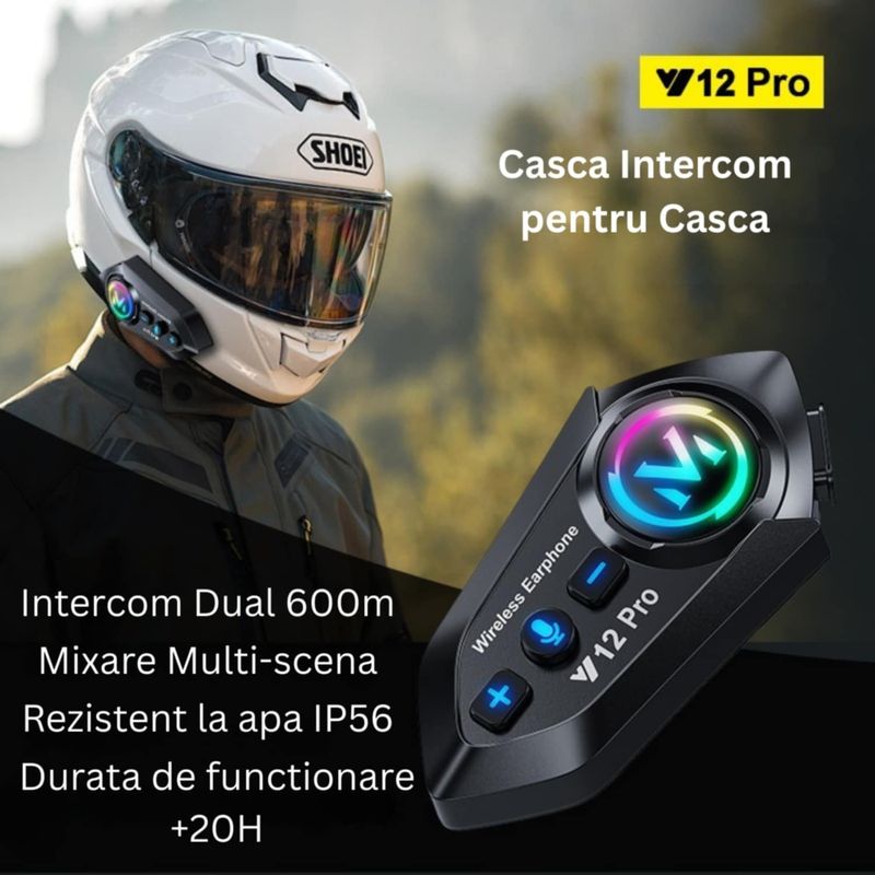 TV, Audio-Video si Foto - Portabile audio - Casti audio - Casca Bluetooth Moto CerCip Y12 Pro, Intercom pentru 2 persoane, Autonomie 20 ore, Rezistenta la apa, Anulare zgomot - Infinity.ro