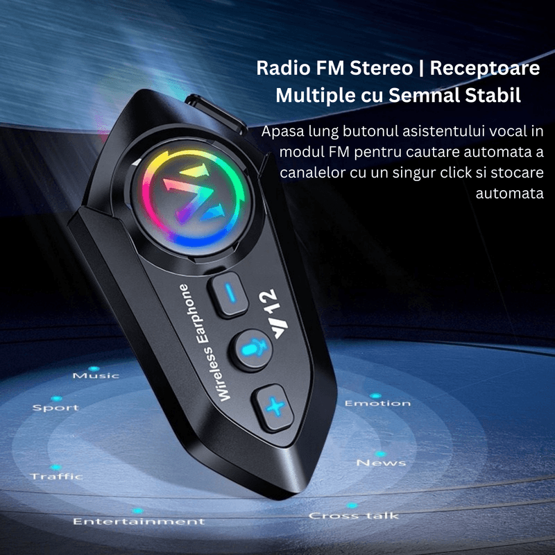 TV, Audio-Video si Foto - Portabile audio - Casti audio - Casca Bluetooth Moto CerCip Y12 Pro, Intercom pentru 2 persoane, Autonomie 20 ore, Rezistenta la apa, Anulare zgomot - Infinity.ro