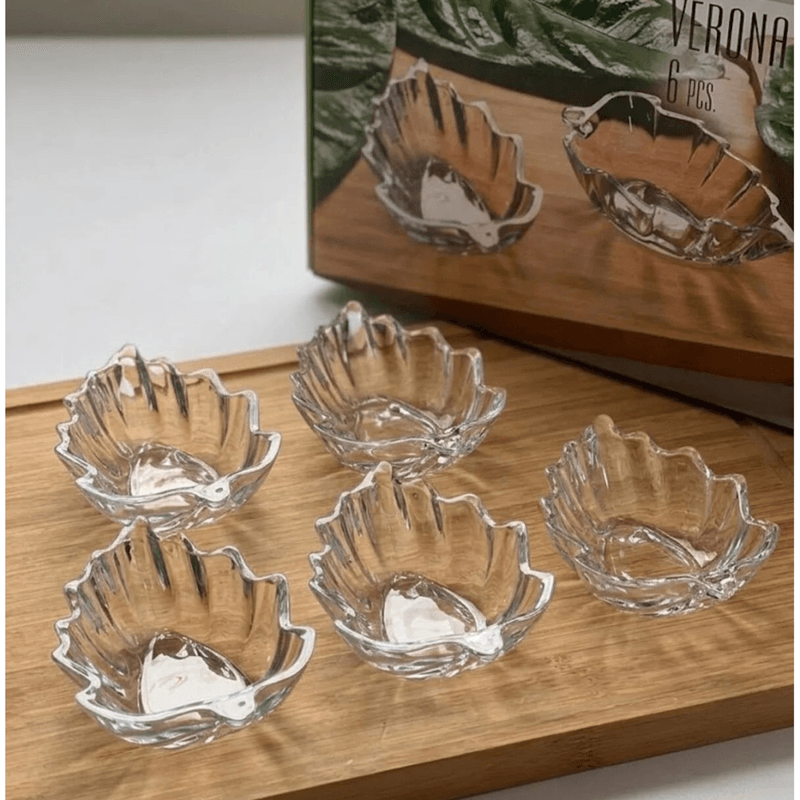 Casa si Gradina - Bucatarie si vesela - Vesela si tacamuri - Farfurii si boluri - Set 6 boluri din sticla transparenta model frunza Verona pentru desert, inghetata si snacks MADGENIX - Infinity.ro