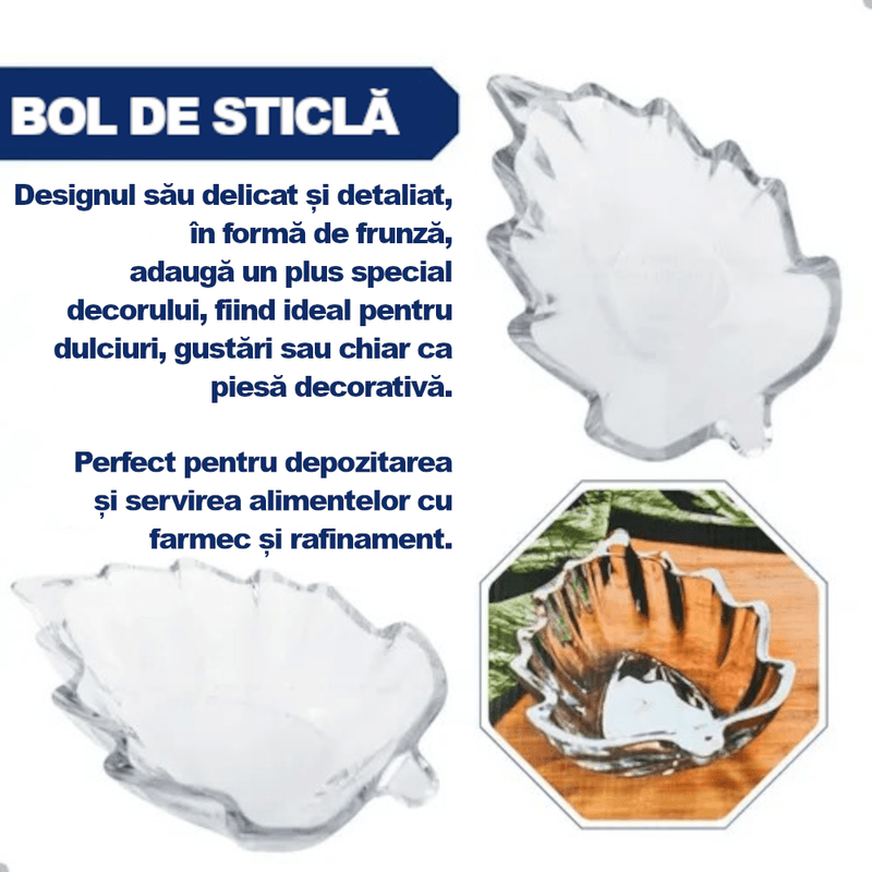 Casa si Gradina - Bucatarie si vesela - Vesela si tacamuri - Farfurii si boluri - Set 6 boluri din sticla transparenta model frunza Verona pentru desert, inghetata si snacks MADGENIX - Infinity.ro