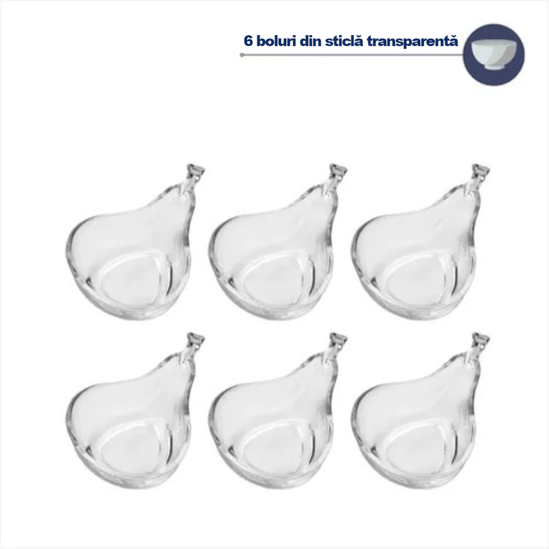 Casa si Gradina - Bucatarie si vesela - Vesela si tacamuri - Farfurii si boluri - Set 6 boluri din sticla transparenta in forma de para cu maner pentru servire salata de fructe, sosuri, snacks, aperitive si dulciuri 170ml MADGENIX - Infinity.ro