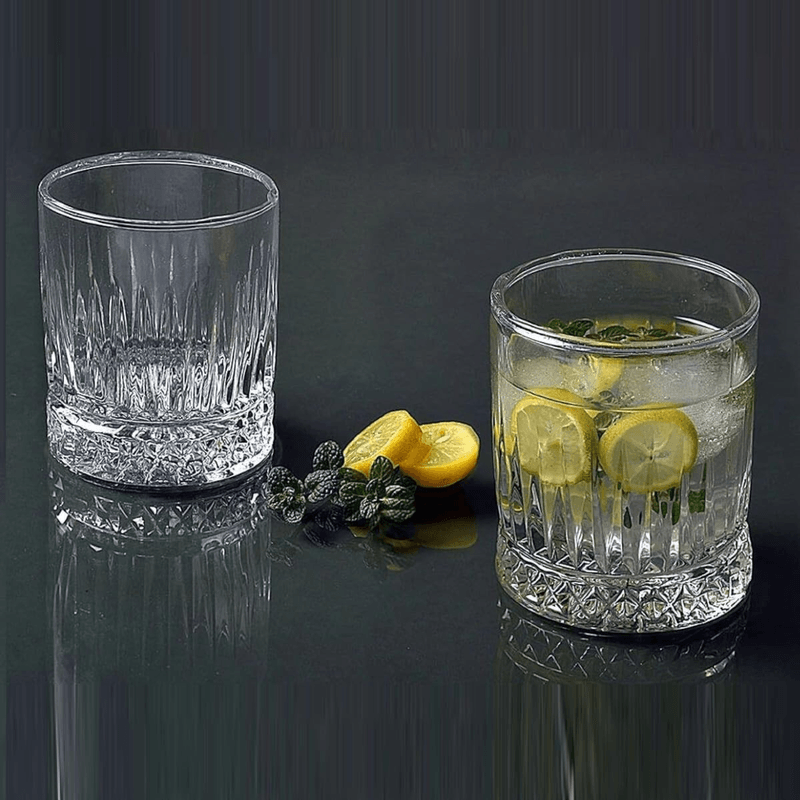 Casa si Gradina - Bucatarie si vesela - Cani si pahare - Pahare - Set 6 pahare whiskey 250ml din sticla transparenta MADGENIX, design cu dungi verticale in relief, pahare elegante tip tumbler pentru bauturi fine, cocktail si apa - Infinity.ro