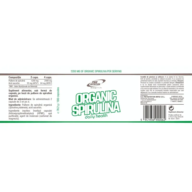 Ingrijire personala si Cosmetice - Sanatate si wellness - Suplimente alimentare - Vitamine si minerale - Organic Spirulina, 100 capsule - Infinity.ro