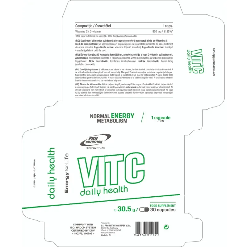 Ingrijire personala si Cosmetice - Sanatate si wellness - Suplimente alimentare - Vitamine si minerale - VIT-C, Continut de 900mg Vitamina C pe capsula, 30 capsule - Infinity.ro