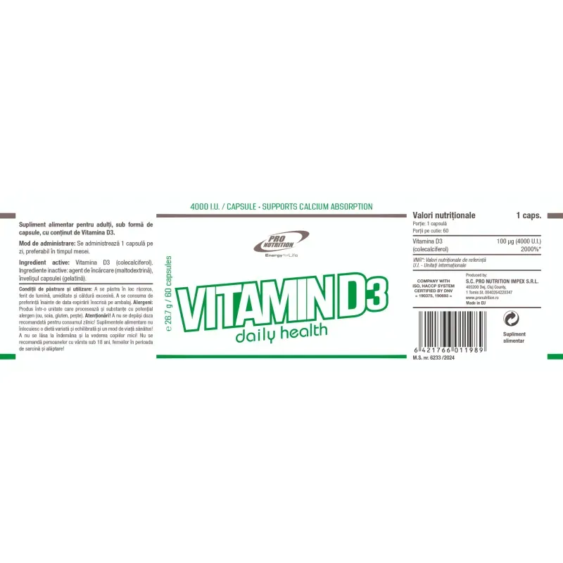 Ingrijire personala si Cosmetice - Sanatate si wellness - Suplimente alimentare - Vitamine si minerale - Vitamina D3, 60 capsule - Infinity.ro